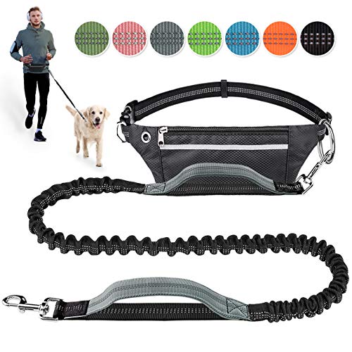 Product Cover Hands Free Dog Leash for Running Walking Jogging Training Hiking, Retractable Bungee Dog Running Waist Leash for Medium to Large Dogs, Adjustable Waist Belt with Pack, Reflective Stitches, Dual Handle