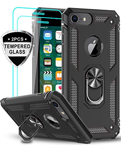 Product Cover LeYi iPhone 6s/ 6 Case, iPhone 7 Case, iPhone 8 Case with Tempered Glass Screen Protector [2Pack], Military Grade Protective Phone Case with Ring Car Mount Kickstand for Apple iPhone 6/6s/7/8, Black