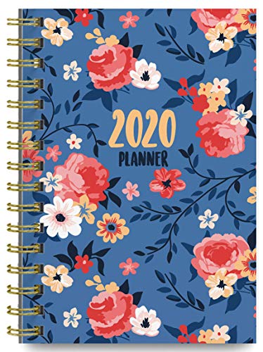 Product Cover 2020 Blue Floral Soft Cover Academic Year Day Planner Book by Bright Day, Weekly Monthly Dated Agenda Spiral Bound Organizer, 16 Month Calendar 6.25 x 8.25 Inch,