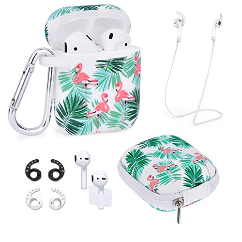 Product Cover Airpods Case - Airspo 7 in 1 Airpods Accessories Set Compatible with Airpods 1 & 2 Protective Silicone Cover Floral Print Cute Case (Green Leaf Flamingo 7 in 1)