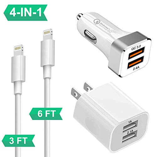 Product Cover QC 3.0 Car Charger for iPhone XR/8/7/6/Plus/Xs/XS/Max/X/11, Powerful Dual USB iPhone Car Chargers Adapter QC3.0 + 2.4A,Fast Dual USB Port Wall Charger Phone Charger Block Cube,2 X MFI Certified Cables