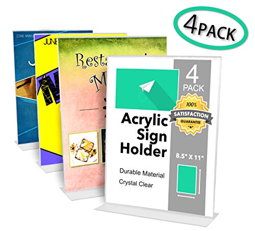 Product Cover Acrylic Table Top Sign Holder 8.5 x 11 Flyer Stand - Plastic Display Holder - Double Sided Plastic Display Frame - 4 Pack - Clear Frames - Menu Holders - Brochure Stands - Flyer Picture Frame 8x11