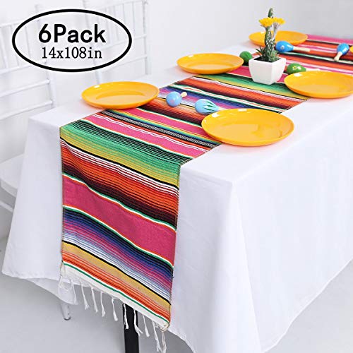 Product Cover Helaku Mexican Table Runner Mexican Serape Table Runner with Tassels Mexican Table Runner 6 Pack, 14x108