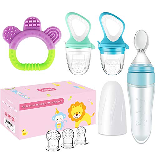 Product Cover Food Feeder Baby Fruit Feeder Pacifier (2 Pack) with 3 Different Sized Silicone Pacifiers, Infant Teething Toy Silicone Teether and Squeeze Baby Food Dispensing Spoon, Baby First Feeding Set by MICHEF