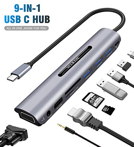 Product Cover USB C Hub HDMI VGA Adapter-[Upgraded] VEOOVE 9 Port USB Type C to HDMI 4K for Samsung Dex Station for Galaxy S10/S9/S8 Note 9/8, Compatible with MacBook Pro/Air 2018/2019 More (Space-Grey)