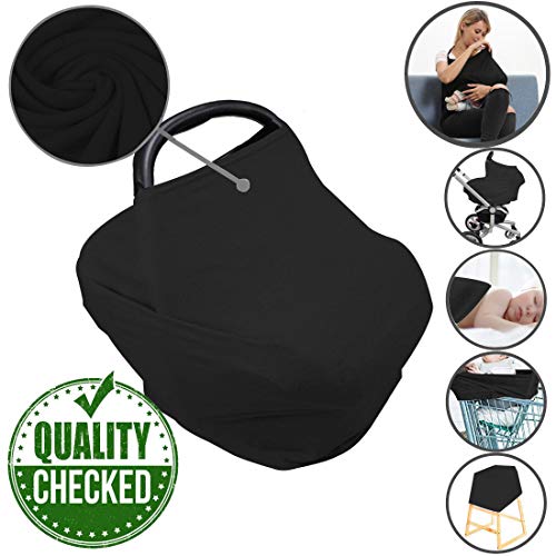 Product Cover Car Seat Nursing Breastfeeding Cover, Thick Cozy Jersey Carseat Canopy Cover, Stroller Cover for Infant Babies, Extremely Stretchy, Amazing Soft, Convertible Multi Use 6 in 1- Black