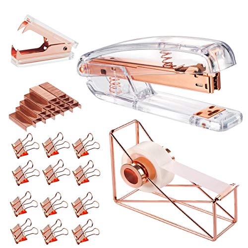 Product Cover Rose Gold Office Supplies Set - Stapler, Tape Dispenser, Staple Remover with 1000 Staples and 12 Binder Clips, Luxury Acrylic Rose Gold Desk Accessories & Decorations