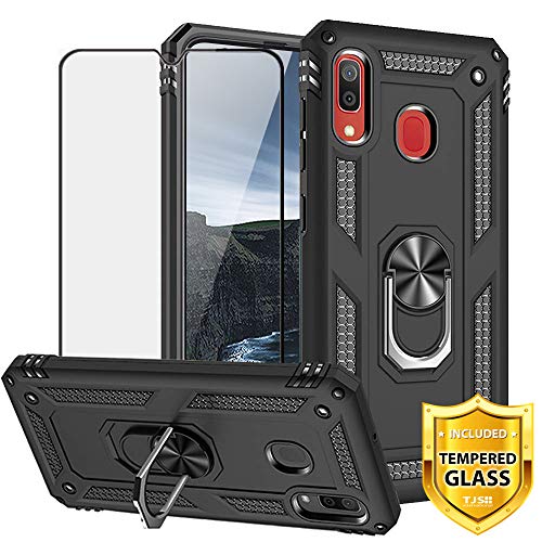 Product Cover TJS Phone Case for Samsung Galaxy A20/Galaxy A30, with [Full Coverage Tempered Glass Screen Protector][Impact Resistant][Defender][Metal Ring][Magnetic Support] Heavy Duty Armor Cover (Black)