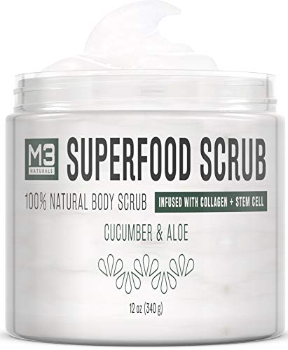 Product Cover M3 Naturals Superfood Scrub infused with Collagen and Stem Cell All Natural Cucumber Aloe Body and Face Exfoliating Facial Wash Blackheads Acne Scars Pore Minimizer Exfoliator Souffle Skin Care
