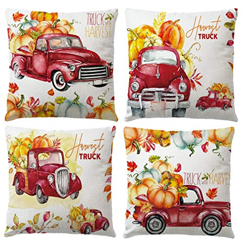 Product Cover ULOVE LOVE YOURSELF Red Harvest Truck Throw Pillow Covers Autumn Fall Pumpkin Harvest Cushion Covers Pillowcase 18 x 18 Inch,4Pack for Farmhouse Décor Thanksgiving Day