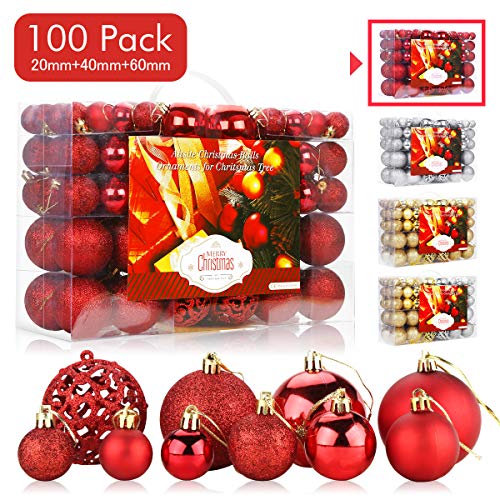 Product Cover Aitsite 100 Pack Christmas Tree Ornaments Set Mini Shatterproof Holiday Ornaments Balls for Christmas Decorations (Red)