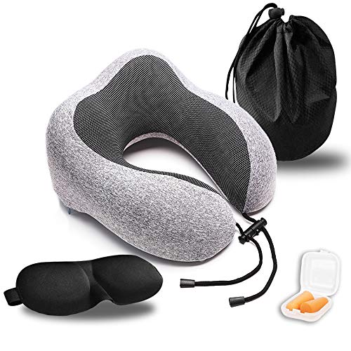 Product Cover T-mark Travel Pillow Pure Memory Foam Neck Pillow, Soft & Breathable Cotton Cover, Machine Washable Airplane Travel Kit U Shaped Pillow with 3D Contoured Eye Mask, Earplugs, Travel Bag, Grey