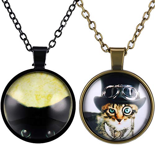 Product Cover 2 Pieces Cat Picture Necklace, Peeking Black Cat Necklace and Steampunk Kitten Necklace Cat Jewelry for Adult