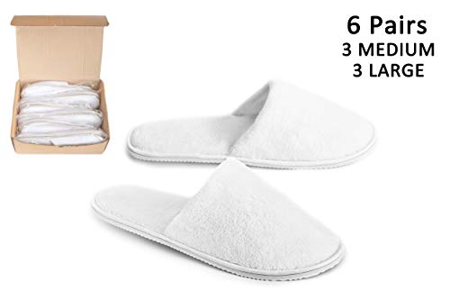 Product Cover DŠ Stuff Spa Slippers - 6 Pairs (White, 3 Large,3 Medium) Cotton Coral Velvet Closed Toe Fits Most Men and Women, for Home Hotel Guest Travel Used, Deluxe Padded Sole for Extra Comfort, Non-Slip