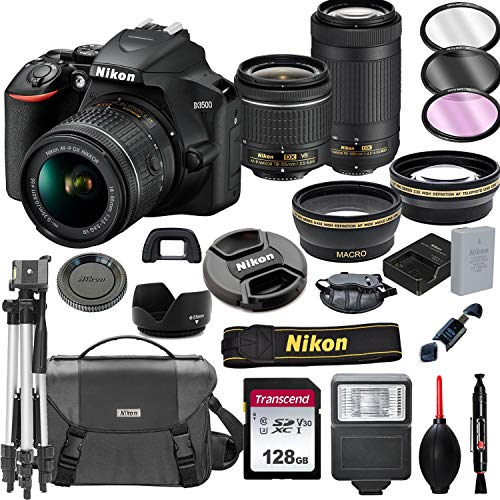 Product Cover Nikon D3500 DSLR Camera with 18-55mm VR and 70-300mm Lenses + 128GB Card, Tripod, Flash, and More (20pc Bundle)