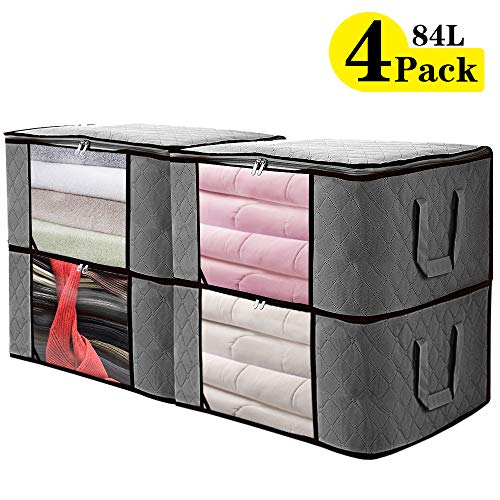 Product Cover SGHUO Foldable Storage Bag, Set of 4 Large Capacity Clothes Organizers with Clear Window, Sturdy Zipper and Reinforced Handle for Comforters, Clothes, Blankets, Bedding(Grey)