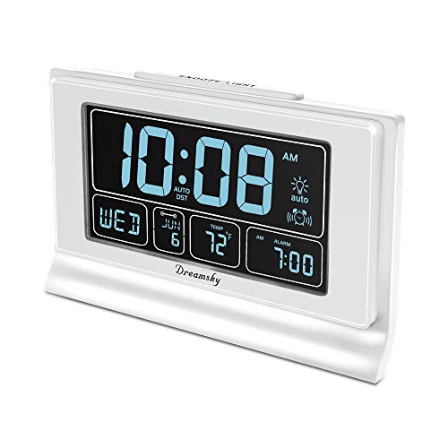 Product Cover DreamSky Auto Set Digital Alarm Clock with USB Charging Port, 6.6 Inches Large Screen with Time/Date/Temperature Display, Full Range Brightness Dimmer, Auto DST Setting, Snooze. (White)