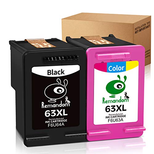 Product Cover Remandom Remanufactured 63XL Ink Cartridge Replacement for HP 63XL Used in HP Officejet 3830 5255 4650 3831 4655 HP Envy 4520 4516 Deskjet 2130 2132 1112 3630 3633 3634 Printer (1 Black+1 Tri-Color)