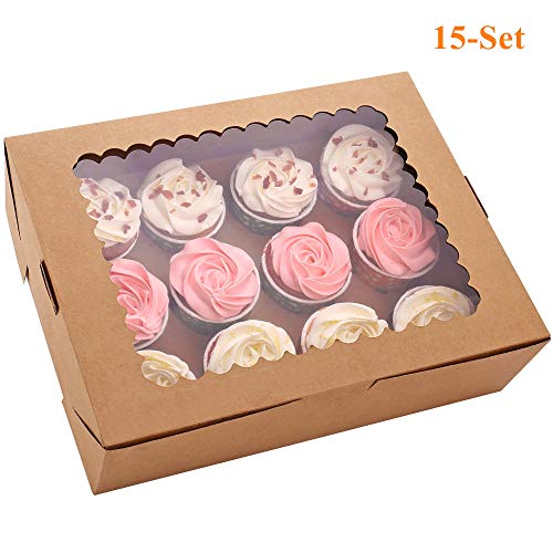 Product Cover 15-Set Cupcake Boxes Hold 12 Standard Cupcakes, Brown Cupcake Carrier, Cupcake Containers, Food Grade Kraft Cupcake Holders for Cookies, Muffins and Pastries
