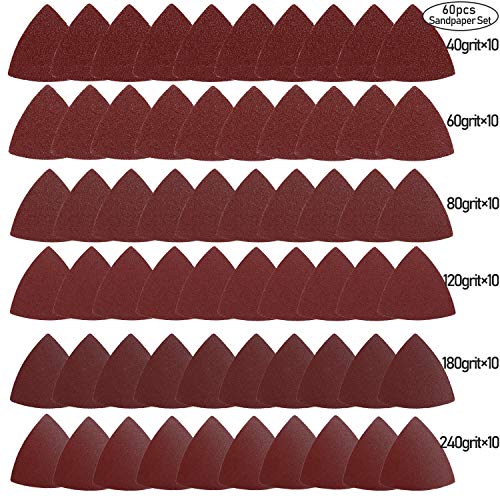 Product Cover 60pcs oscillating saw sand paper for oscillating multitool, HEMUNC hook and loop triangle sandpaper, fit 3-1/8 inch oscillating multitool sanding pad, assorted 40/60/80/120/180/240 grits.