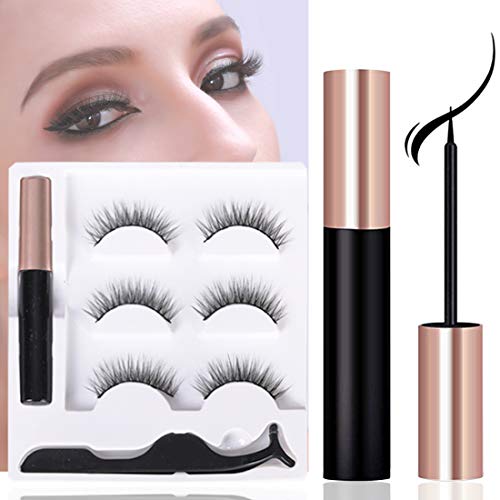 Product Cover Magnetic Eyeliner With Magnetic Eyelashes Kit, 3 Pair Reusable False Lashes and Waterproof Magnetic Liquid Eyeliner Set (With Tweezers) (NATURE-1)