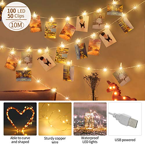 Product Cover king do way String Lights for Bedroom Fairy Lights with 50 Photo Clips USB Powered Warm White Waterproof Fairy Light for Indoor Outdoor Wall Decorations 33Ft 100LED