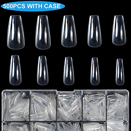 Product Cover Clear Acrylic Nail Tips Coffin Shape Short Ballerina Nails INFELING 500pcs Full Cover False Artificial Nails with Case,10 Sizes
