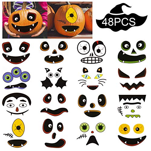 Product Cover SAVITA Halloween Pumpkin Decorating Stickers Cute Pumpkin Stickers with Assorted Fun Design for Halloween Party Favors (12 Sheets, 48 PCS Face Stickers )