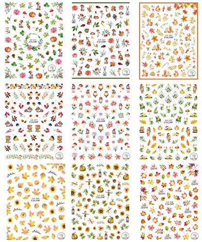 Product Cover 9 sheets Thanksgiving Nail Stickers, Self-adhesive Autumn Maple Fall Leaves Pumpkin Nail Art Sticker Decals Manicure Nail Tip Decoration