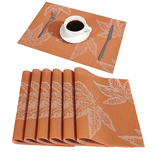 Product Cover DOLOPL Placemats Maple Leaf Place Mats Fall Placemats Set of 6 Easy to Clean Heat Resistant Waterproof Non Slip for Dining Kitchen Harvest Season Thanksgiving Day Halloween(Orange)