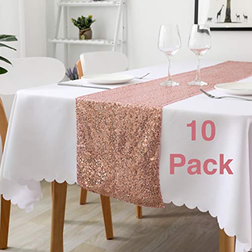 Product Cover The Schoff Rose Gold Sequin Table Runners - 12 x 108 inch - 10 Pack - Long Glitter Rose Gold Table Runner for Wedding, Baby Shower, Bridal Shower, Bachelorette Party and Birthday Parties (Rose Gold)