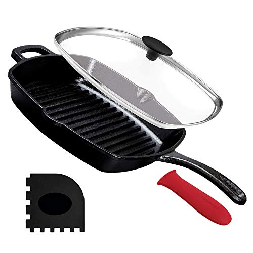 Product Cover Cast Iron Square Grill Pan with Glass Lid - 10.5 Inch Pre-Seasoned Skillet with Handle Cover and Pan Scraper - Grill, Stovetop, Induction Safe - Indoor and Outdoor Use - for Grilling, Frying, Sauteing