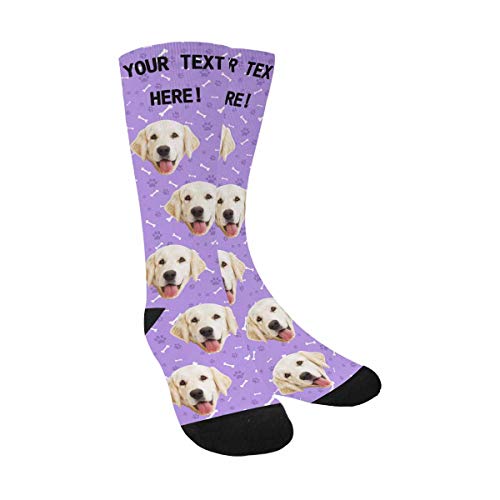 Product Cover Custom Face Socks,Turn Your Photo Into Paws and Dog Bones Blue Crew Socks Unisex with Your Text