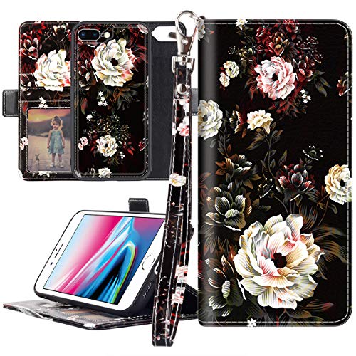 Product Cover Lontect for iPhone 8 Plus Case iPhone 7 Plus Case Wallet Case Kickstand with Detachable Slim Back Cover, Card Holders, Wrist Strap, Magnetic Closure for Apple iPhone 8 Plus/7 Plus, Black/White Flower