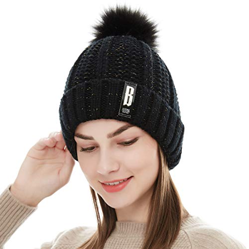 Product Cover Women Slouchy Knit Beanie Hat, Girls Cute Pom Slouchy Hat, Winter Soft Stretch Warm Ski Cap with Fleece Lined Black
