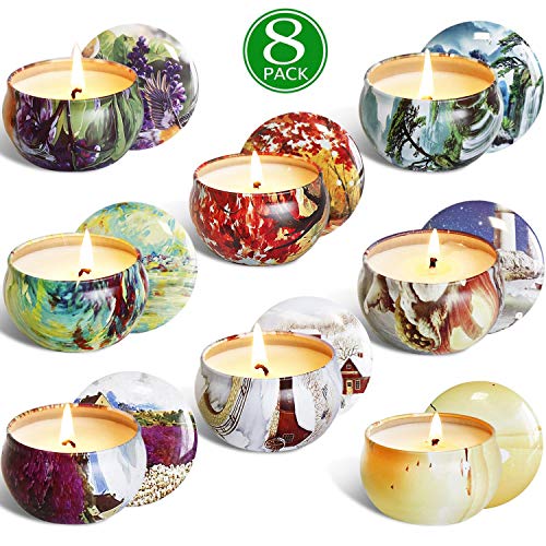 Product Cover Scented Candles Gift Sets, Natural Soy Wax Aromatherapy Candles Portable Travel Tin Candles Women Gift with Fragrance Essential Oil, 2.5 Oz 20 Hour Burn Time Per Candle for Bath Yoga Home 8 Pack