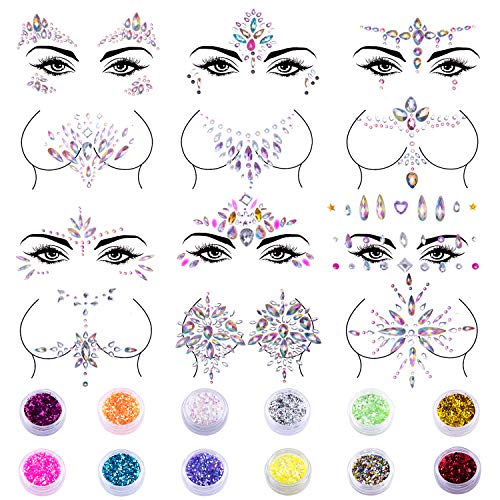 Product Cover SIQUK 12 Sets Face Body Jewels Mermaid Face Crystal Stickers Face Gems with 12 Boxes Colored Chunky Face Glitter for Festival Rave Carnival Party