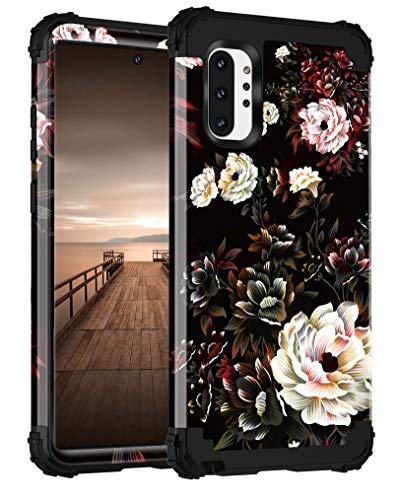 Product Cover Lontect for Galaxy Note 10 Plus Case Floral 3 in 1 Heavy Duty Hybrid Sturdy Armor High Impact Shockproof Protective Cover Case for Samsung Galaxy Note 10 Plus/Note 10 Plus 5G, Black/White Flower