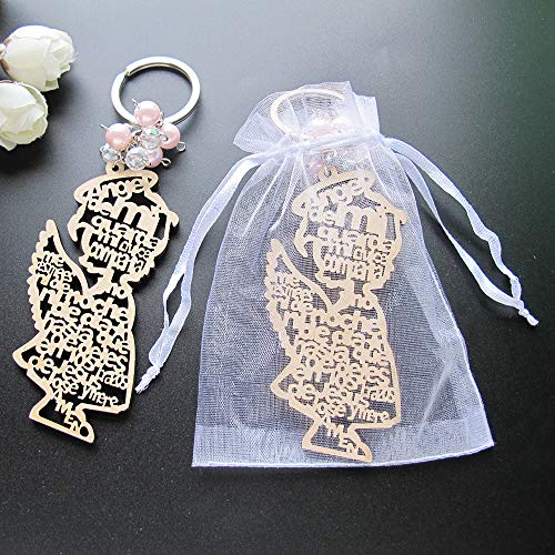 Product Cover 12Pcs Baptism Blue Boy Wood Design Keychain Baptism Favors with Angel for Girl Pink Recuerdos de Bautizo Christening with Organza Gift Bags