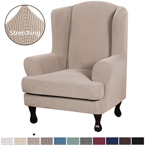 Product Cover H.VERSAILTEX 2 Piece Super Stretch Stylish Furniture Cover/Wingback Chair Cover Slipcover Spandex Jacquard Checked Pattern, Super Soft Slipcover Machine Washable/Skid Resistance (Wing Chair, Sand)