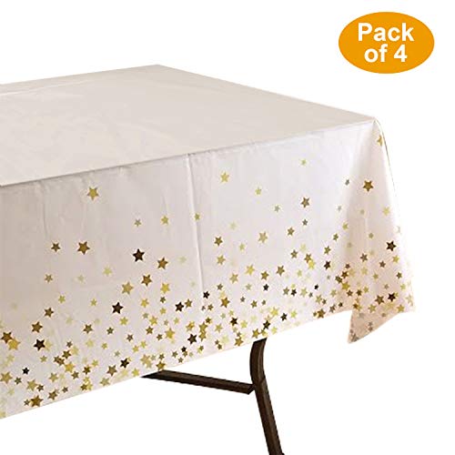 Product Cover 10 Talents Co. Disposable Tablecloths for Parties - 4 Pack Gold Star Plastic Table Covers for 6 to 8 ft Rectangle Tables