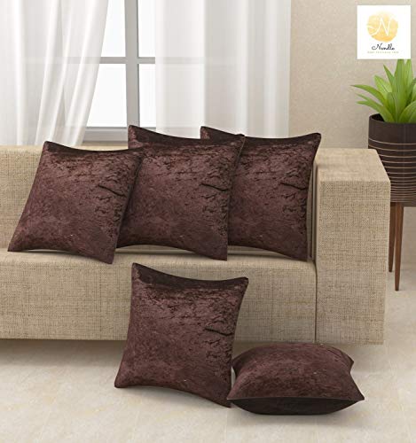 Product Cover Nendle Velvet Plain Decorative Soft Texture Cushion Cover - Pack of 5, 16x16 Inch  | Soft Smooth Solid Fabric | Square Pillow Covers for Bed, Sofa, Office Chair & Seat, Home Décor (Dark Brown)