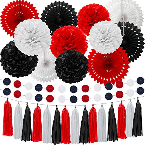 Product Cover WILLBOND 29 Pieces Black and Red Paper Fans Pom Pom Flowers Tissue Paper Tassel Garlands String Polka Dot Party Decorations for Halloween Birthday Parties Baby Showers Wedding (White, Red, Black)