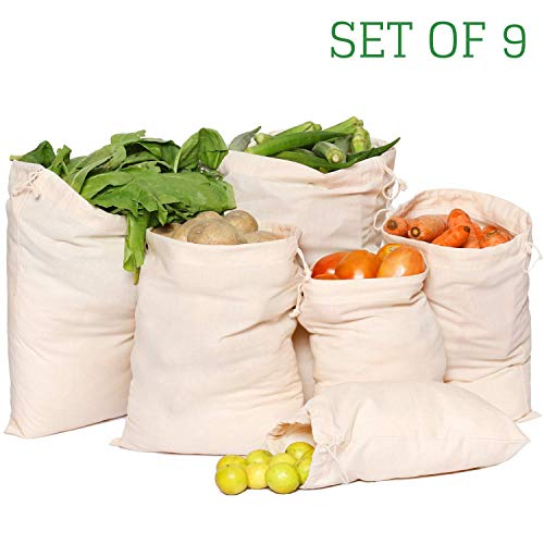 Product Cover Greenmile Set of 9 Reusable Produce Bags | Muslin Cotton Shopping Grocery Bags | Perfect Ecofriendly Market Bags For Storing Fresh Vegetables (Set of 9 (3 each of Large, Medium, Small))