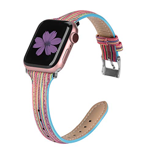 Product Cover TOYOUTHS Compatible with Apple Watch Band 40mm 44mm Series 5 4 Woven Canvas Fabric Cloth Band Rose Gold Strap Wristband Women Men Compatible with iWatch Series 3 2 1 38mm 42mm, Multicolor, 38mm