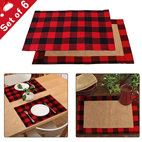 Product Cover AerWo 6pcs Christmas Buffalo Plaid Placemats, Waterproof Cotton & Burlap Red and Black Buffalo Check Placemats for Christmas Holiday Table Decorations