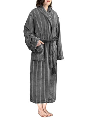 Product Cover Women Fleece Robe with Satin Stripe|Luxurious Soft Plush Bathrobe,Grey,L/XL
