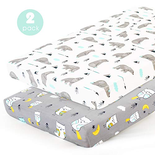 Product Cover Stretchy-Pack-n-Play-Playard-Sheets-Brolex 2 Pack Portable Mini Crib Sheets,Convertible Playard Mattress Cover for Baby Boys Gilrs,Ultra Soft Jersey Knit,Owl & Bear