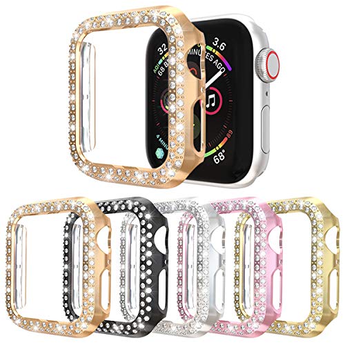 Product Cover [5-Pack]Protector Case Compatible with Apple Watch Series 5 Series 4 44mm Cover, Double Row Bling Crystal Diamonds Protective Cover PC Plated Bumper Frame (5 Colors, 44mm)