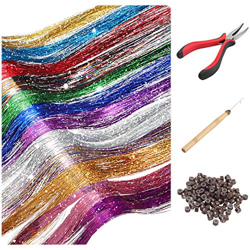 Product Cover Hair Tinsel Strands Kit, Tinsel Hair Extensions, Fairy Hair Tinsel Kit for Women Girls with Tools (12 Colors+Dark Brown Silicone Link Rings Beads, 2400 Strands)
